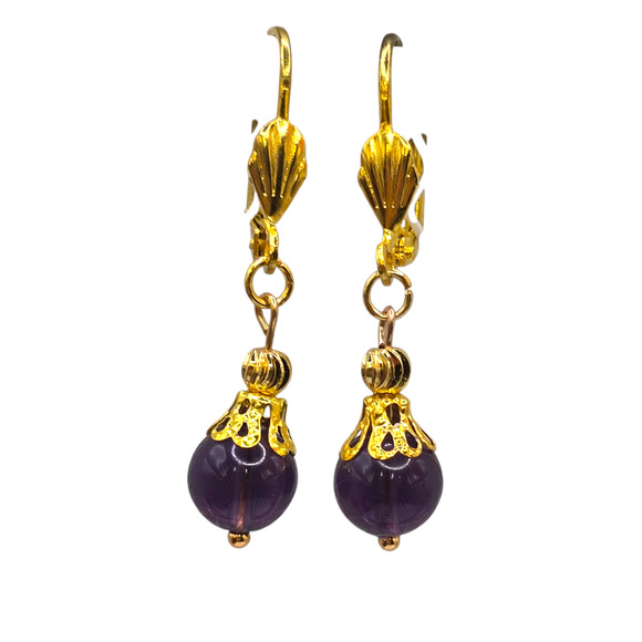 Amethyst Bead Pierced Earrings Dangle Drop Gold Tone Leverback 8mm SKU 2805 - Picture 1 of 8